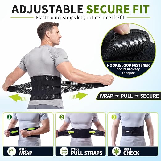 CAMBIVO Back Brace with 9-Stay Adjustable Lumbar Support Belt, BS10 | 9-stay lumbar support, adjustable compression, breathable fit, posture corrector, for work sitting travel, unisex Large