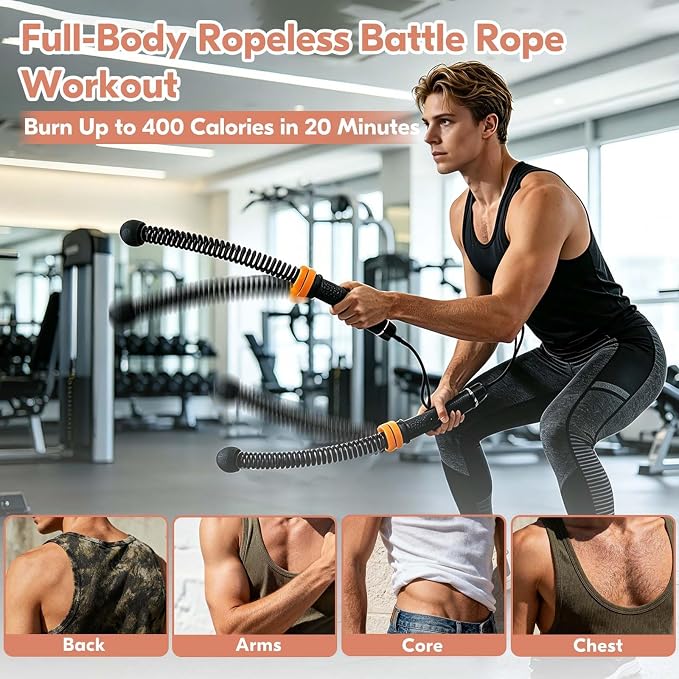 Cordless Battle Ropes for Home Gym – Adjustable Weighted Ropeless Ropes with Non-Slip Handles & Gloves, Portable No-Anchor-Point Workout for HIIT, Strength, Low-Impact Cardio, Men & Women