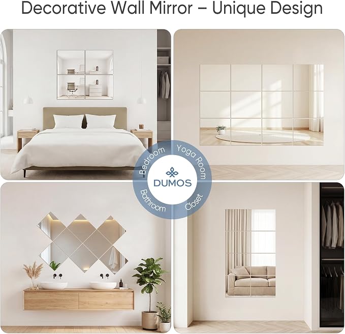 DUMOS 4 Pack Wall Mirror Tiles, Hallway Wall Mounted Mirror 16"x12" HD Glass Sheets, Square Mirrors for Walls, Full Length Mirrors Tiles for Home Gym, Bedroom, Door