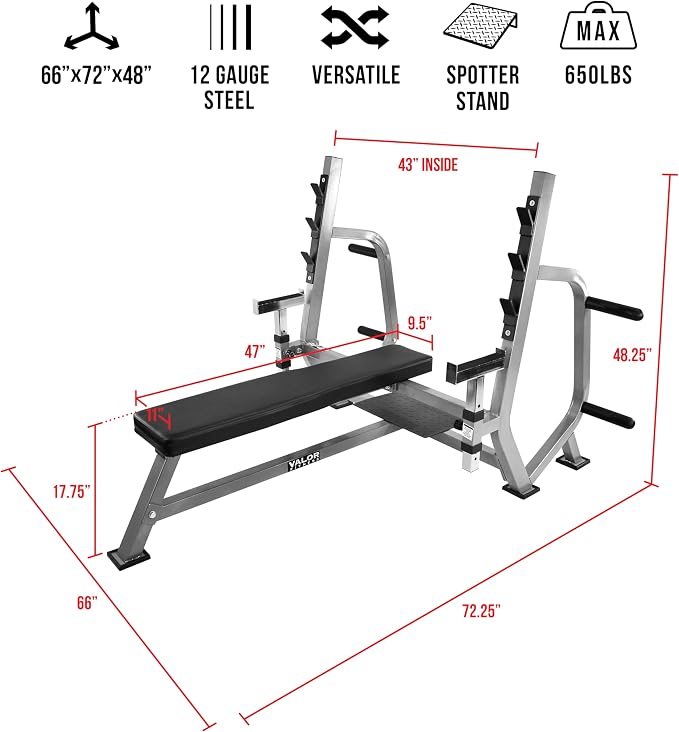 Valor Fitness Olympic Weight Bench Press Station | Spotter Arms, Adjustable Safety Catch, Max 500 lbs, Plate Storage Pegs, Home Gym Equipment
