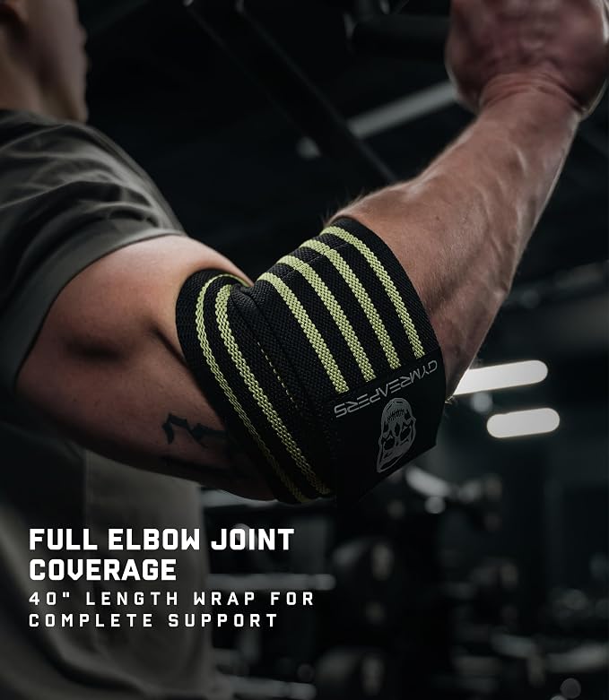 Gymreapers Weightlifting Elbow Wraps (1 Pair) - Flexible 40'' Elbow Compression Strap & Joint Support Brace - for Bench Press, Powerlifting, and Pressing