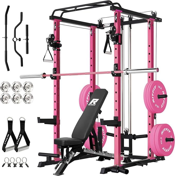 RitFit PPC-P3 Power Cage with Cable Crossover System, 1200LB Capacity | LAT Pulldown & Cable Crossover System with Bumper Plate Set, Olympic Barbell, Bench
