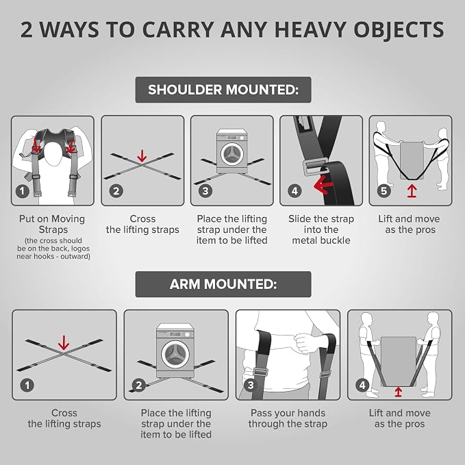 X-Protector Moving Straps - 2 Pairs - Red Lifting Straps for 2 Movers | Move Furniture Easily and Safely - Perfect for Lifting & Moving Heavy Objects (Adjustable Length 50-118”, with Back Support)