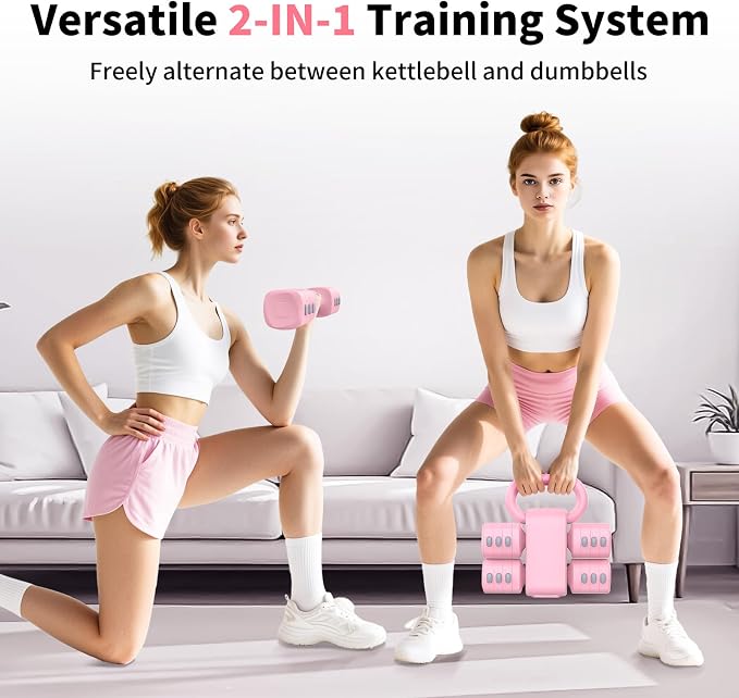 Hezeyferg Adjustable Dumbbell Set, 2-in-1 Hand Weights with Kettlebell Form | 4-Level 2.2-5.5lb Each, Dual-Button Locking, for Women Men Beginners Home Gym, Portable & Space-Efficient, Full Body Workout