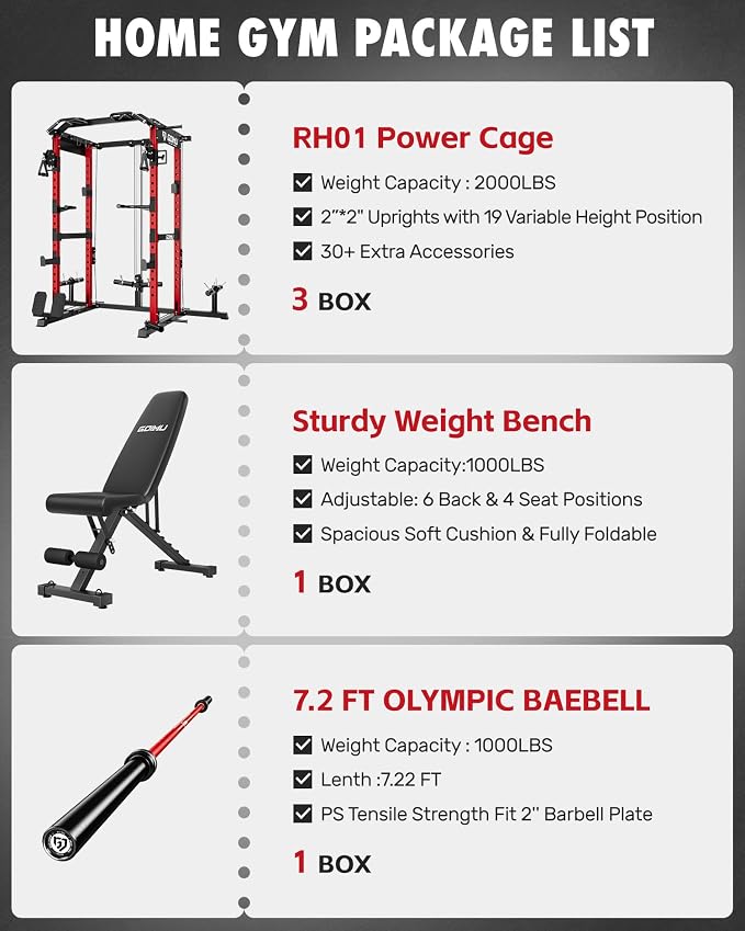 RH01 Power Cage Rack, 2000LBS Squat Rack with with Cable Crossover System&LAT Pull Down System, Multi-Function Workout Cage for Home&Garage Gym
