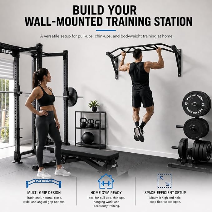 REP Fitness Heavy Duty Pull-Up Bar, Wall Mounted Multi-Grip or Bare Steel Straight Option, Home Gym Exercise Equipment for Chin Training, Garage Strength Workouts, Rings, Straps
