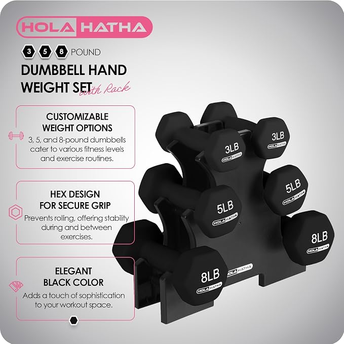 HolaHatha 1, 2 and 3 lb Neoprene Dumbbell Strength Training Weight Set with Rack