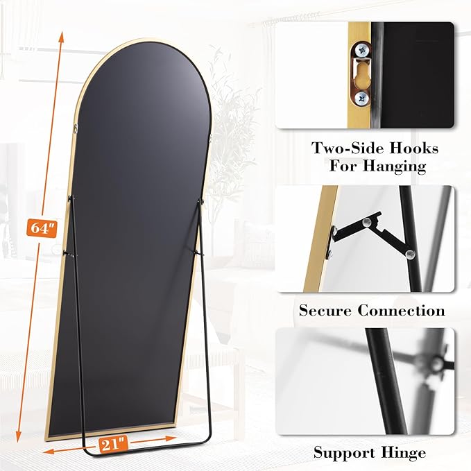 DUMOS 64"x21" Arched Full Length Floor Mirror, Full Body Mirror with Stand, Shatterproof Tempered Glass, Modern Aluminum Alloy Frame, Free Standing or Leaning for Home Decor, Gold