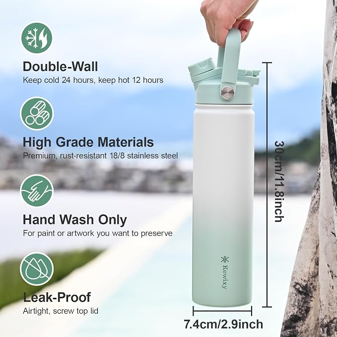 24 oz Insulated Water Bottle, 2-in-1 Lid, Straw & Spout with Protected, Leak Proof, Keep Cold 24H, Cup Holder Fit, Stainless Steel, Metal, Reusable, for Travel, Gym and School, 2 Lids, Iced Mint