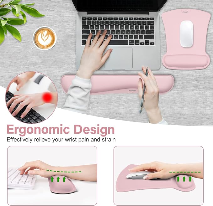MOSISO Wrist Rest Support for Mouse Pad & Keyboard Set, Ergonomic Mousepad Non-Slip Base Home/Office Pain Relief & Easy Typing Cushion with Neoprene Cloth & Raised Memory Foam, Pink