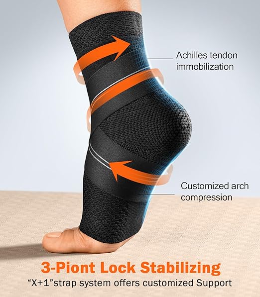 Flat Knitting Ankle Brace For Women&Men, 7-Zone Dynamic Compression Sleeve w/Flex Strap,Foot Support For Sports, Sprained Ankle, Achilles Tendonitis, Plantar Fasciitis Relief(Pack of1)M, Black