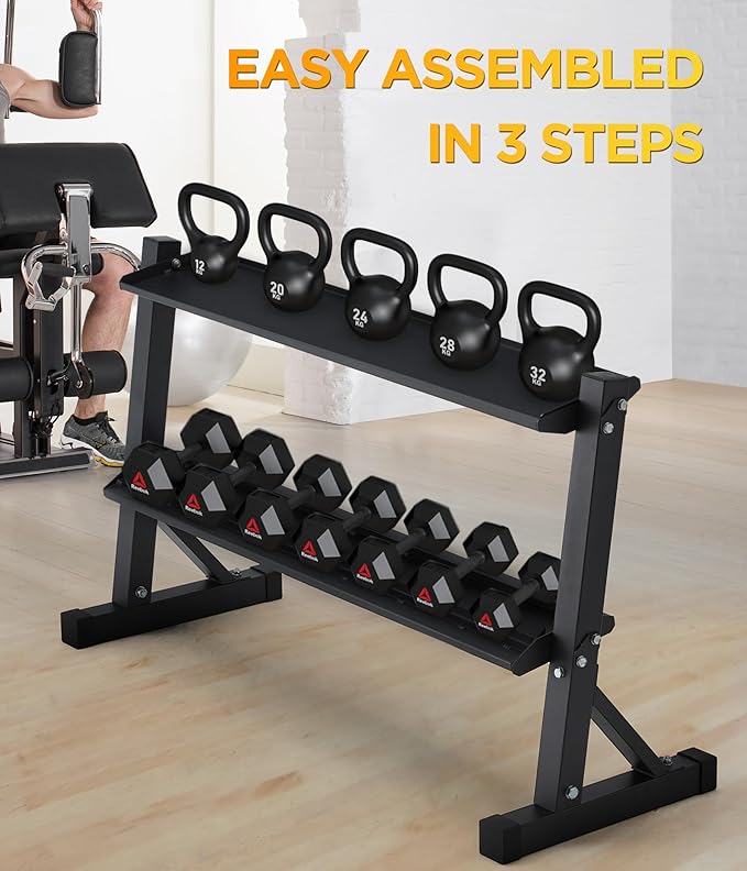 48" Kettlebell Storage Rack | 2-Tiers,1000LBS Weights Storage for Free Weights, Dumbbells, Kettlebells and Medicine Ball,Black,for Home Gym