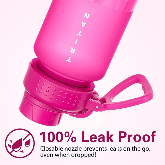 OLDLEY 32 oz Water Bottle with Handle, BPA-Free Tritan Reusable Sports Water Bottle with Leak-Proof Dust Lid, Wide Mouth, Cup Holder Friendly, Half Frosted Clear Bottle for Gym, Travel, Work,Hot Pink