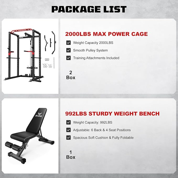 JELENS S11 Power Cage, 2000LB Multi-Function Power Rack with LAT Pulldown, Squat Rack with Adjustable Pulley System and Training Attachments, Weight Rack for Home Gym