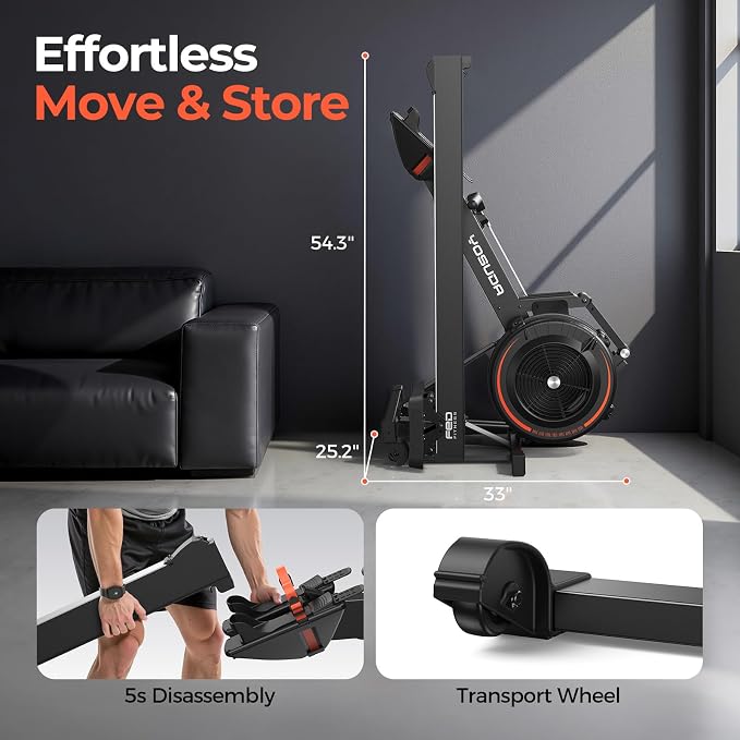 YOSUDA R2 Rowing Machine for Home, Air Rower with Self-Powered Monitor | 10 Level Resistance, Aluminum Rail, Ergonomic Seat, Easy Storage, Full Body Workout, Home Gym Equipment