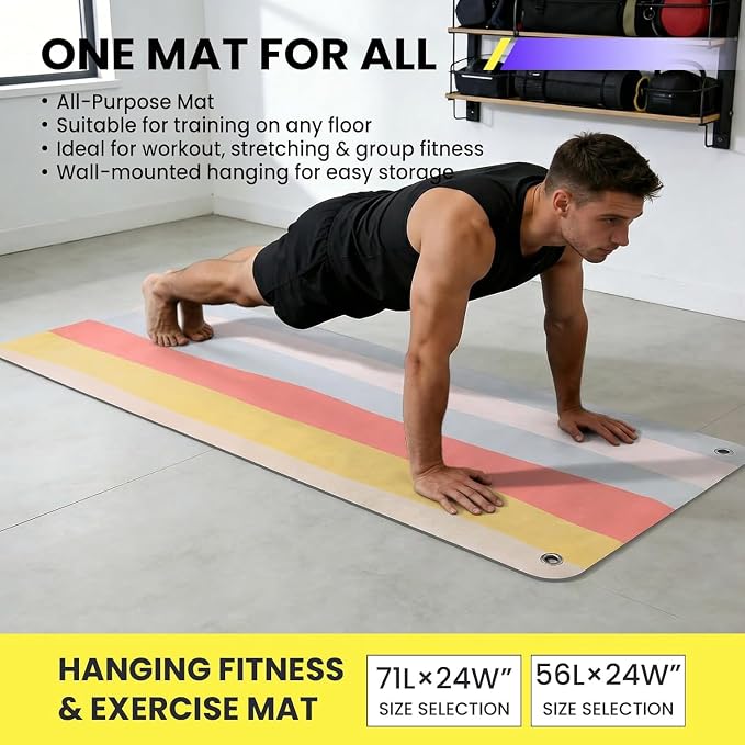 Garvee Hanging Exercise Mat, 71x24 / 56x24 Inch PVC Fitness & Yoga Mat for Group Classes, 5mm Thick with Reinforced Holes, Commercial Grade Gym Mat, Black/Blue/Multicolor