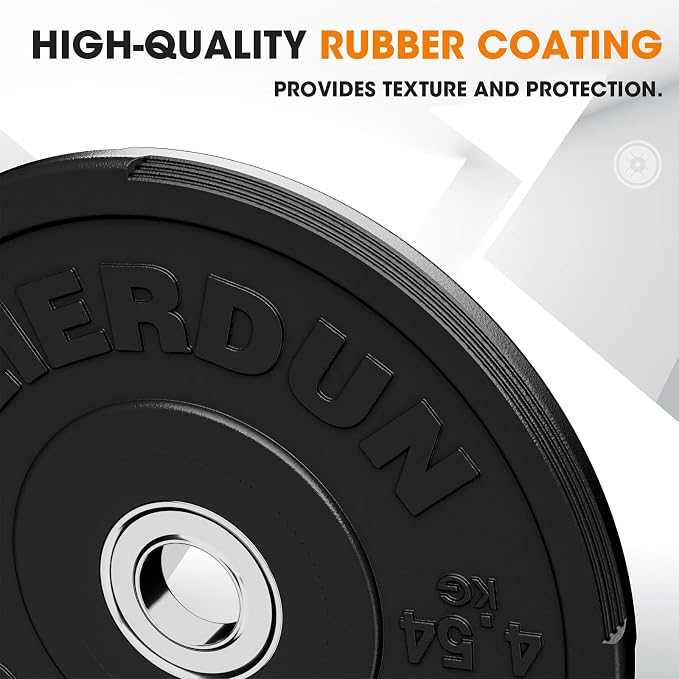 FEIERDUN Color Bumper Plate Set, 2-Inch Olympic Weight Plates, Low Bounce Rubber Barbell Plates with Stainless Steel Insert for Weightlifting, Strength Training, CrossFit & Home Gym, 10LB-370LB