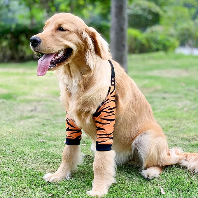 HDKUW Dog Elbow Protector, Dog Front Leg Recovery Sleeve for Prevent Licking Wound, Elbow Sleeves with Mesh Pad for Medium Large Dogs Tiger 2XL