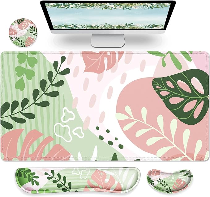 Gimars 4 in 1 Mouse Pad and Keyboard Wrist Rest Set, Large Mouse Pad with Memory Foam Wrist Support Pad for Desk with Coaster, Easy Typing Pain Relief, Gaming Office Home, 31.5x12 inch, Morandi Pink