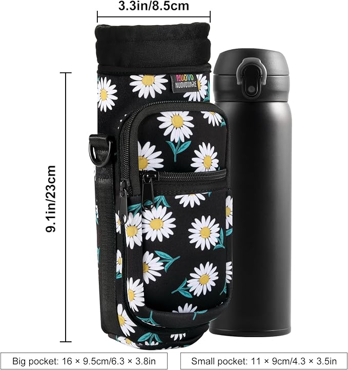 Nuovoware Water Bottle Carrier Bag, 25oz/32oz Bottle Pouch Holder, Adjustable Shoulder Hand Strap 2 Pocket Sling Neoprene Sleeve Sports Accessories for Hiking Travelling Camping, BlackDaisy | Adjustable Shoulder Hand Strap, 2 Pocket, Neoprene Sleeve, F...