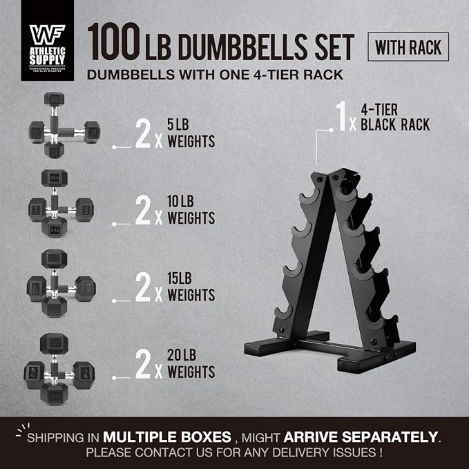 WF Athletic Supply Rubber Encased Hex Dumbbells with Rubber Grip Contoured Handle for Muscle Toning, Strength Building & Full Body Workout