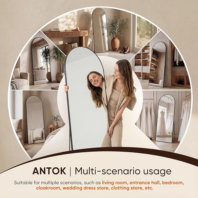 Antok 82" x44” Arched Full Length Floor Mirror, Black Aluminum Frame, Free Standing/Wall Mount/Leaning for Bedroom, Living Room, Dressing Room