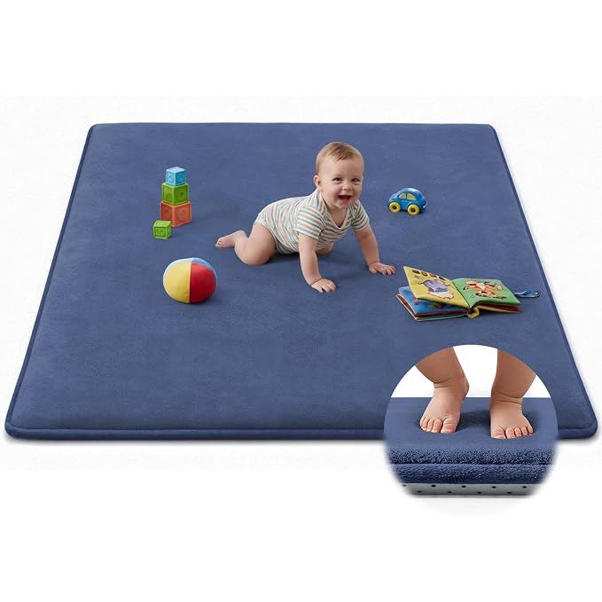 Baby Play Mat for Floor,Ultra Thick Elastic Foam 65"x50" Playmat Tummy Time Muscle Crawling Exercise Activity Cushion Gym Mat Nursery Playroom Area Kids Rug for Babies, Toddlers,Infants,Navy Blue