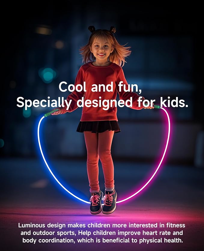 LED Jump Rope for Kids, Glow in The Dark Fun Fitness Gift | Rechargeable, 180-day battery, 9.2ft for ages 6+, colorful LED modes, birthday gift, outdoor fun