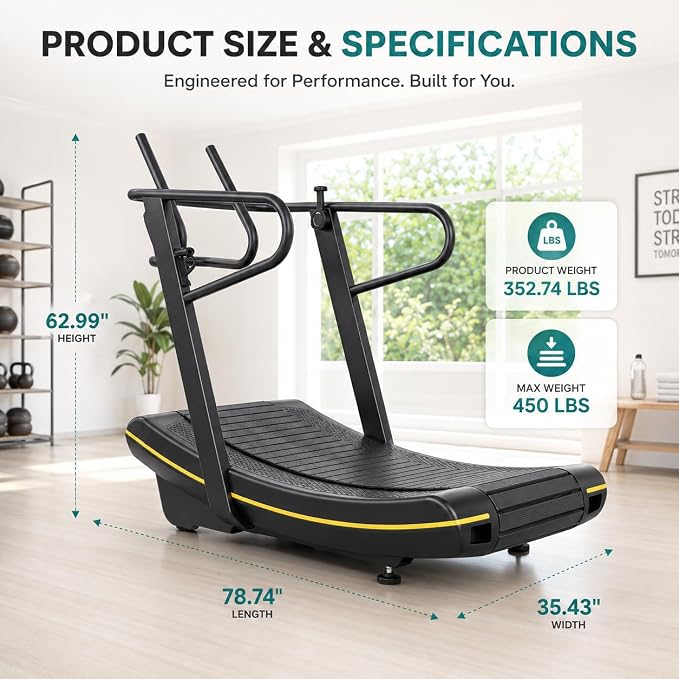 Curved Manual Treadmill, Non Electric Treadmill with 8 Resistance Levels | Self-powered curved treadmill with 8 resistance levels, LED display, rubber belt, phone holder, and transport wheels.