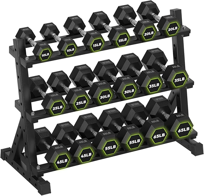 HANDBODE Dumbbell Set with Rack, Rubber Coated Fixed Dumbbells 390-790 lbs | Heavy Duty Hexagonal Weights, Non-Roll Hexagon Shape for Stability, Home Gym Strength Training Equipment