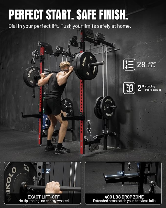 Mikolo Folding Squat Rack, Wall Mounted Power Rack with Cable Crossover Machine & LAT Pull Down, Functional Trainer with 5 Adjustable Function Modes, Home Gym Package