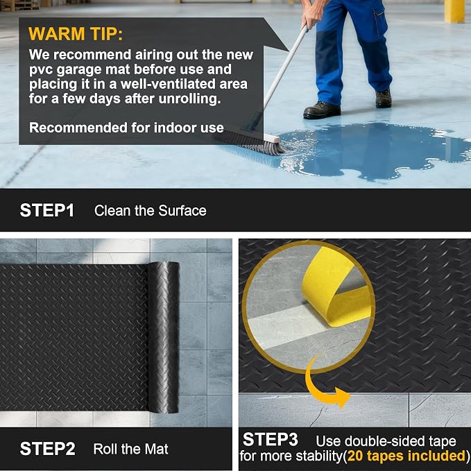 10x25 FT Garage Floor Mat, 2.8mm Thickened Flooring Roll for Under Car Diamond Plate PVC Rubber Mat with 20 Pcs Tapes, Non-Slip Floor Mat for Garage, Warehouse, Trailer, Gyms, Black