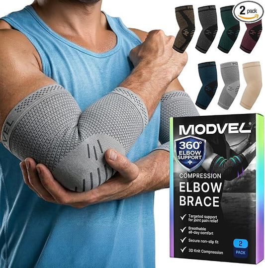 Modvel 2 Pack Elbow Brace for Tendonitis and Tennis Elbow Brace for Women and Men, Elbow Compression Sleeve for Pain Relief and Recovery – Elbow Sleeves Weightlifting Men, Sports & Workout, Arm Brace