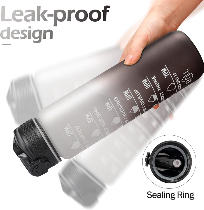 YC Kitchen Motivational Water Bottle with Time Marker - 32oz, Leak-proof BPA Free Sports Water Bottles with Straw & Carrying Strap