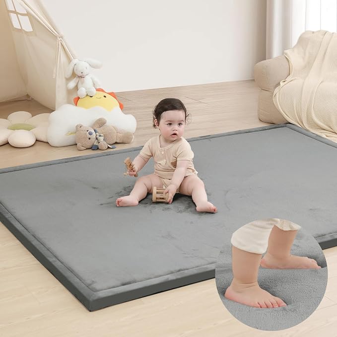 Large 79"x110" Baby Activity Play Mat for Floor,1.3" Thick Elasti Foam Cushion Mat for Tummy Time & Crawling,Non-Slip&Safe for Infants,Toddlers & Kids, for Living Room,Classroom & Playroom (Dark Gray)