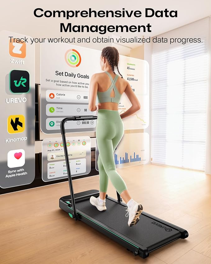 UREVO Strol 2E Smart 2-in-1 Folding Treadmill, Compact Walking Pad with Safety Handle, Plug and Play, Standing Desk Treadmill with Dual LED Display, Smart APP, Walking or Running for Home