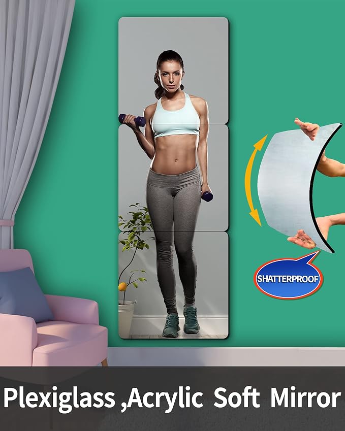 Unbreakable Acrylic Full Length Mirror for Wall Mounted, Full Body Mirror for Kids, Plastic Safe Shatterproof, Extra Thick 1/8", 12" x 12" x 4 PCS, Workout Mirrors for Home Gym, Bedroom Over The Door