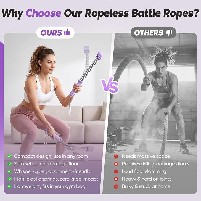 KUZARO Upgrade Weighted Ropeless Battle Ropes for Women, Quiet Adjustable Cordless Battle Ropes for Home Gym HIIT Cardio & Strength Training, Portable Exercise Rope for Arm & Core, Apartment Gear