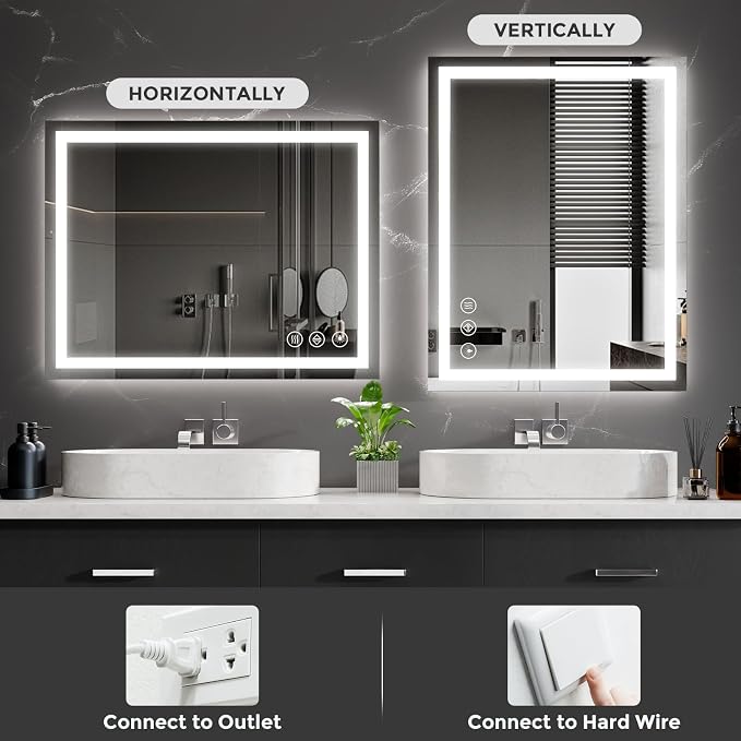 Koonmi 36x28 LED Bathroom Mirror with Light, Anti-Fog, 3 Colors | Backlit + Front Lit, Dimmable Brightness, Shatterproof HD Distortion-Free Tempered Glass, Hardware Included