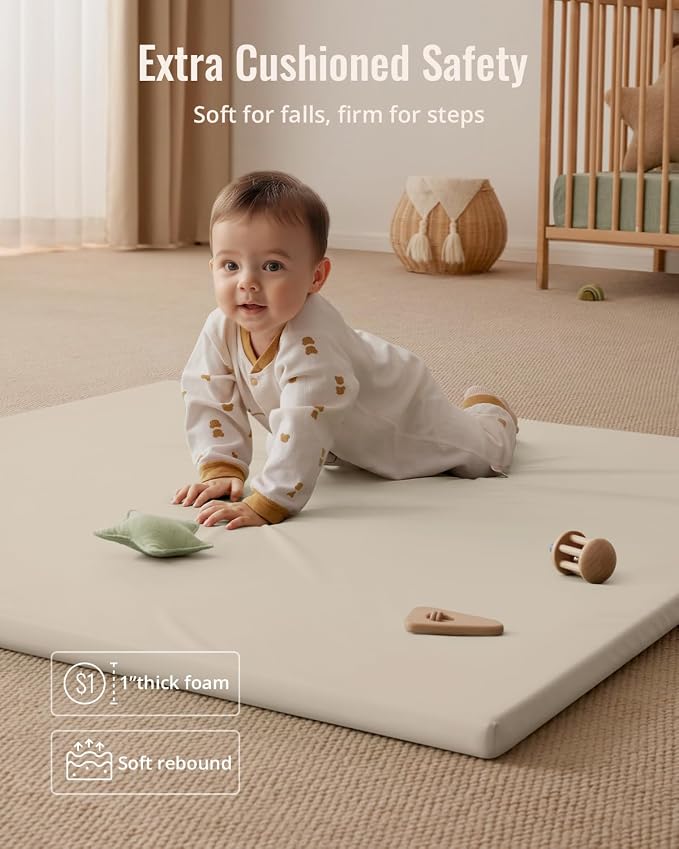 Blissful Diary Vegan Leather Baby Play Mat, 47''x47'', Beige | thick cushion, safe and soft fabric, waterproof and wip clean, indoor use, non-slip bottom, stylish mordern decor