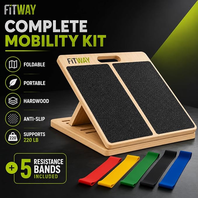 Adjustable Wooden Slant Board, 5-Level Calf Stretcher for Mobility & Rehab | Non-slip velour surface, 5-level incline, 5 resistance bands. Foldable, portable for home gym, physical therapy & rehab use.