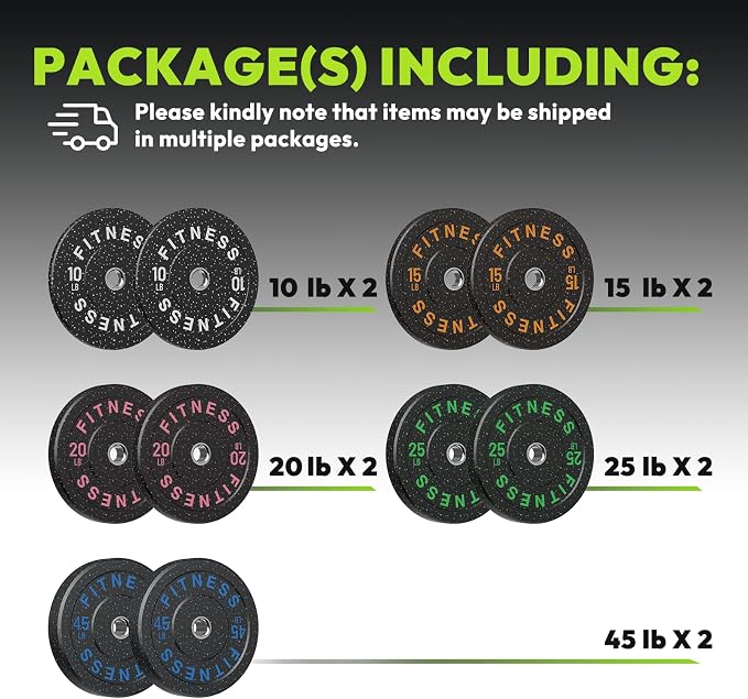 HANDBODE 2-Inch High-Bounce Bumper Plates, Olympic Weight Set, 10-650 lb | Barbell Weight Plates Set for Home Gym, Colored Weights Rubber Strength Training Plate for Weight Lifting