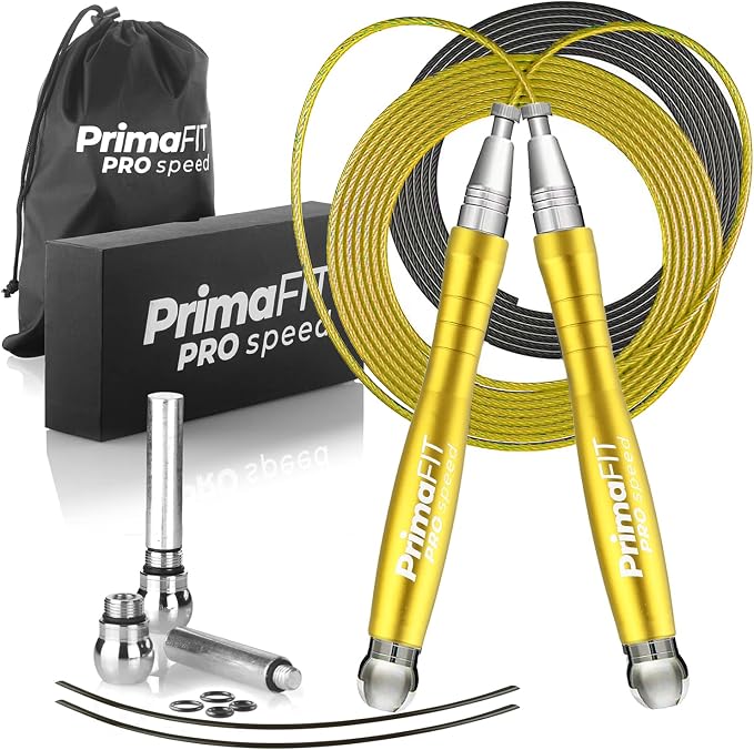 PrimaFIT Pro Speed Jump Rope for Adults, Weighted Skipping Rope for Boxing | Adjustable Jumping Rope for Fitness Workout & CrossFit Exercise, Double Unders, Handle Weights, 3m Cables 2 Protectors, Bag