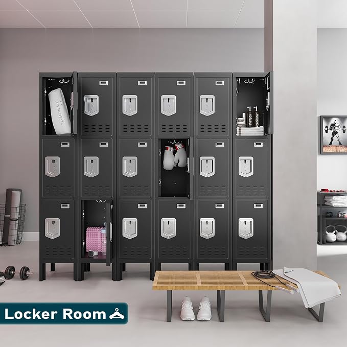 BUTISOW 3 Door Employee Metal Locker w/Card Slot for School Gym Office | Ventilated Metal Steel Locker with Mirror & Multi Hooks for Secure Storage