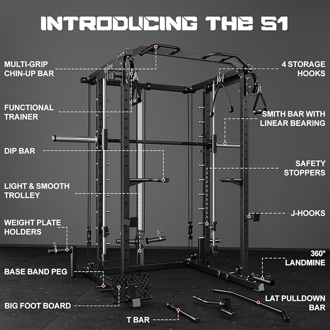 S1-V4 Smith Machine, 2000LBS Power Cage with Cable Crossover System, All-in-One Squat Rack with Smith Bar, Strength Training Equipment for Home Gym