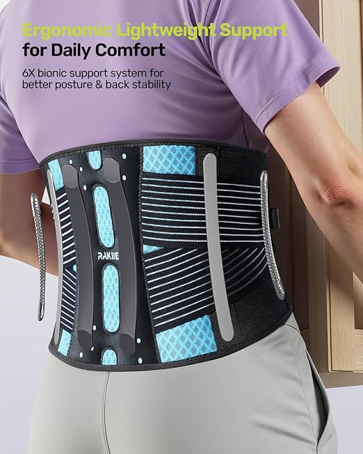 Rakiie Slim Back Brace for Lower Back Pain Relief, Lightweight & Breathable Back Support Brace for Men Women, Ergonomic Light Lumbar Support for Everyday Wear, Sky Blue XXL