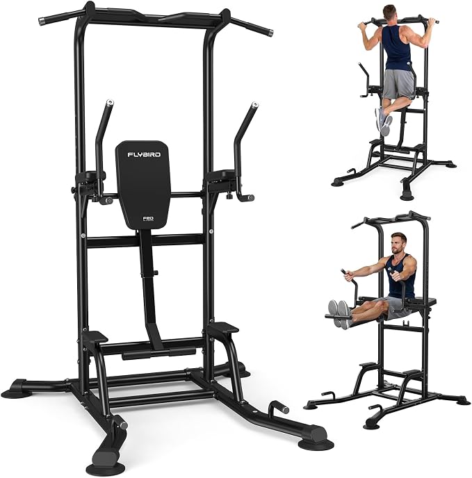 FLYBIRD 800LBS Heavy Duty Power Tower Dip Station, Adjustable Height Pull Up Stand with Crunch Leg Raise, Multifunction Strength Training Equipment for Home Gym Back Workout