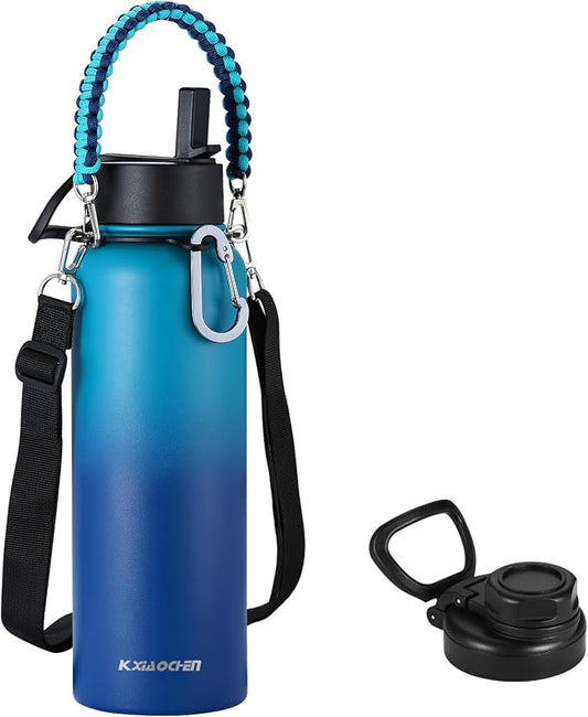 KXIAOCHEN Insulated Water Bottle with Strap, 48-Hour Cold, 2 Lids | Triple-wall insulation, lead-free 18/8 Stainless steel, paracord handle, carabiner clip, for gym, hiking, camping and travel
