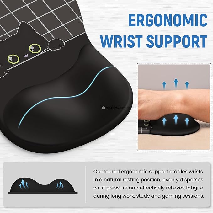 Ergonomic Mouse Pad with Wrist Rest, Gel Wrist Support, Black Cat | 10.2 x 7.6 in Mouse Pad with Smooth Fabric Surface and Non-Slip Rubber Base for Office, Home, Study, and Gaming