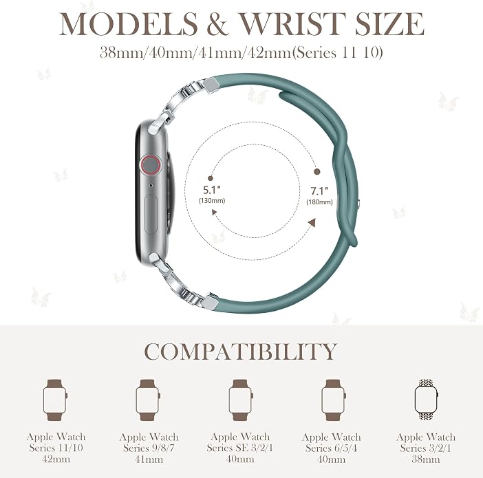 Lerobo Slim Silicone Band Compatible with Apple Watch Bands for Women | Dressy Metal Butterfly 16mm Thin Strap for iWatch Series 11 10 9 8 7 6 5 4 SE Ultra 38mm 40mm 41mm 42mm 44mm 45mm 46mm 49mm